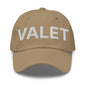 Khaki valet uniform work embroidered dad hat with VALET in white letters