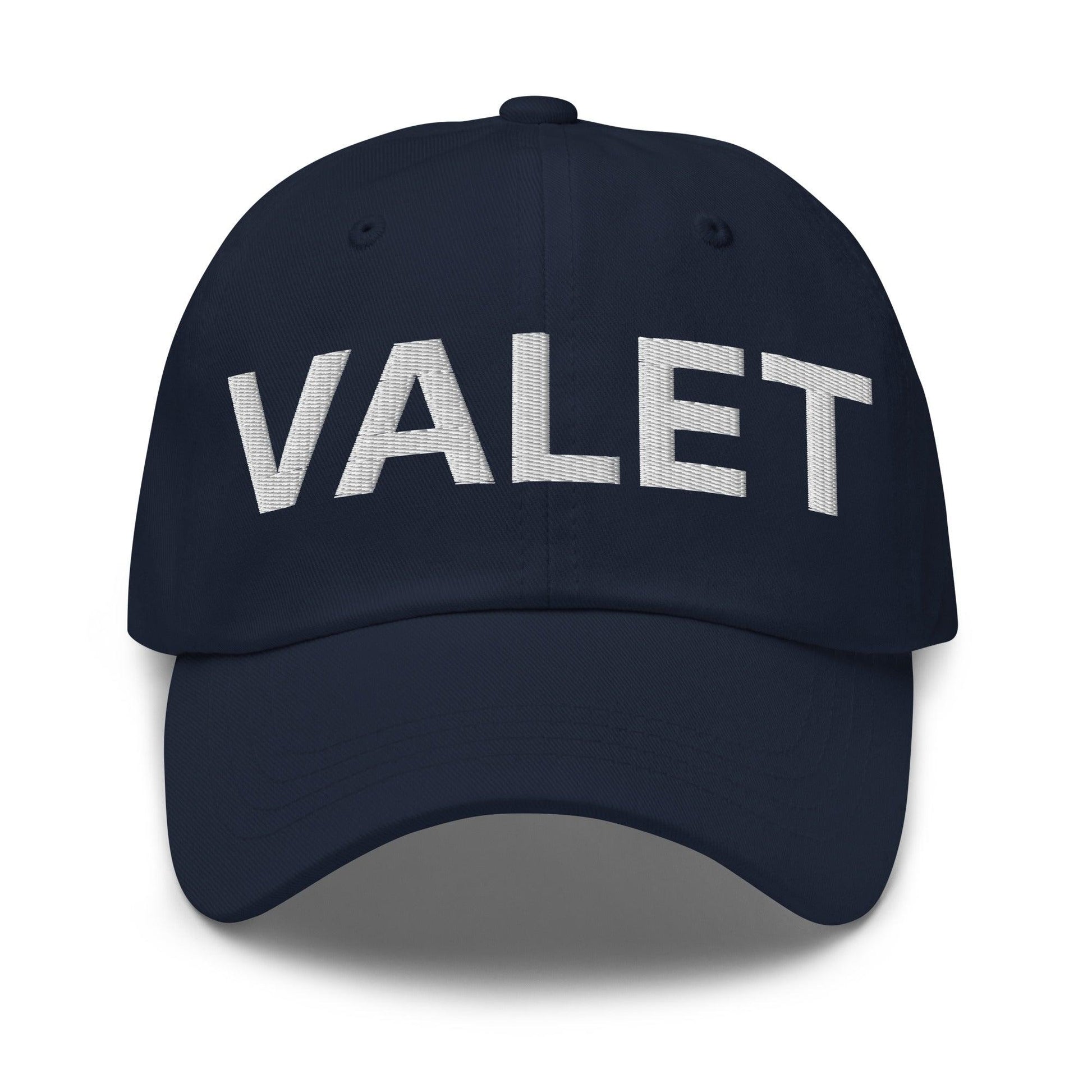 Navy blue Valet uniform work embroidered dad hat showcased in work embroidered fashion
