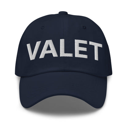Navy blue Valet uniform work embroidered dad hat showcased in work embroidered fashion