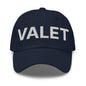 Navy blue Valet uniform work embroidered dad hat showcased in work embroidered fashion