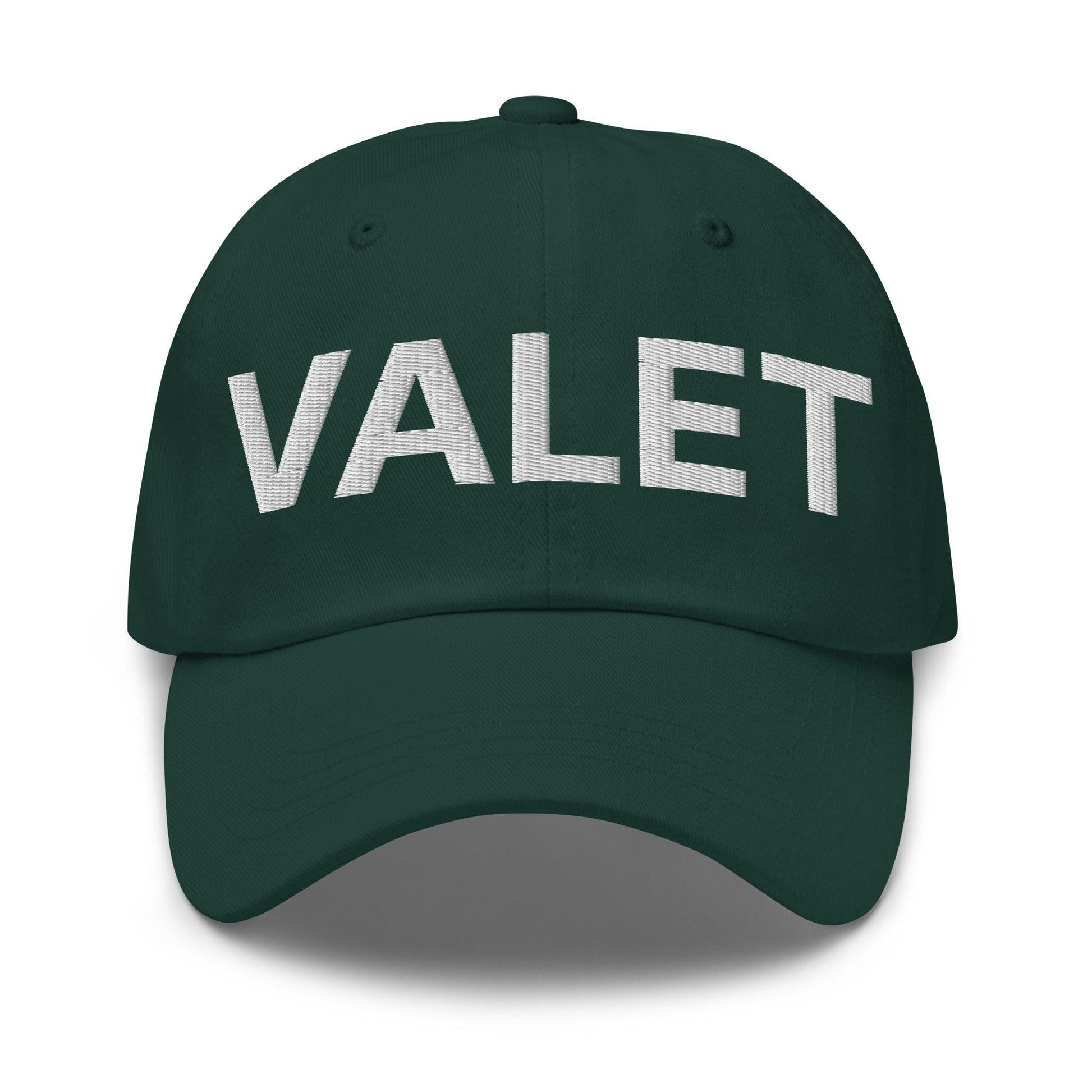 Green valet uniform work embroidered dad hat with VALET embroidery