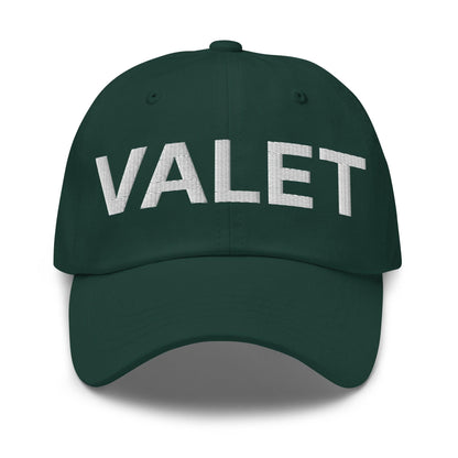 Green valet uniform work embroidered dad hat with VALET embroidery