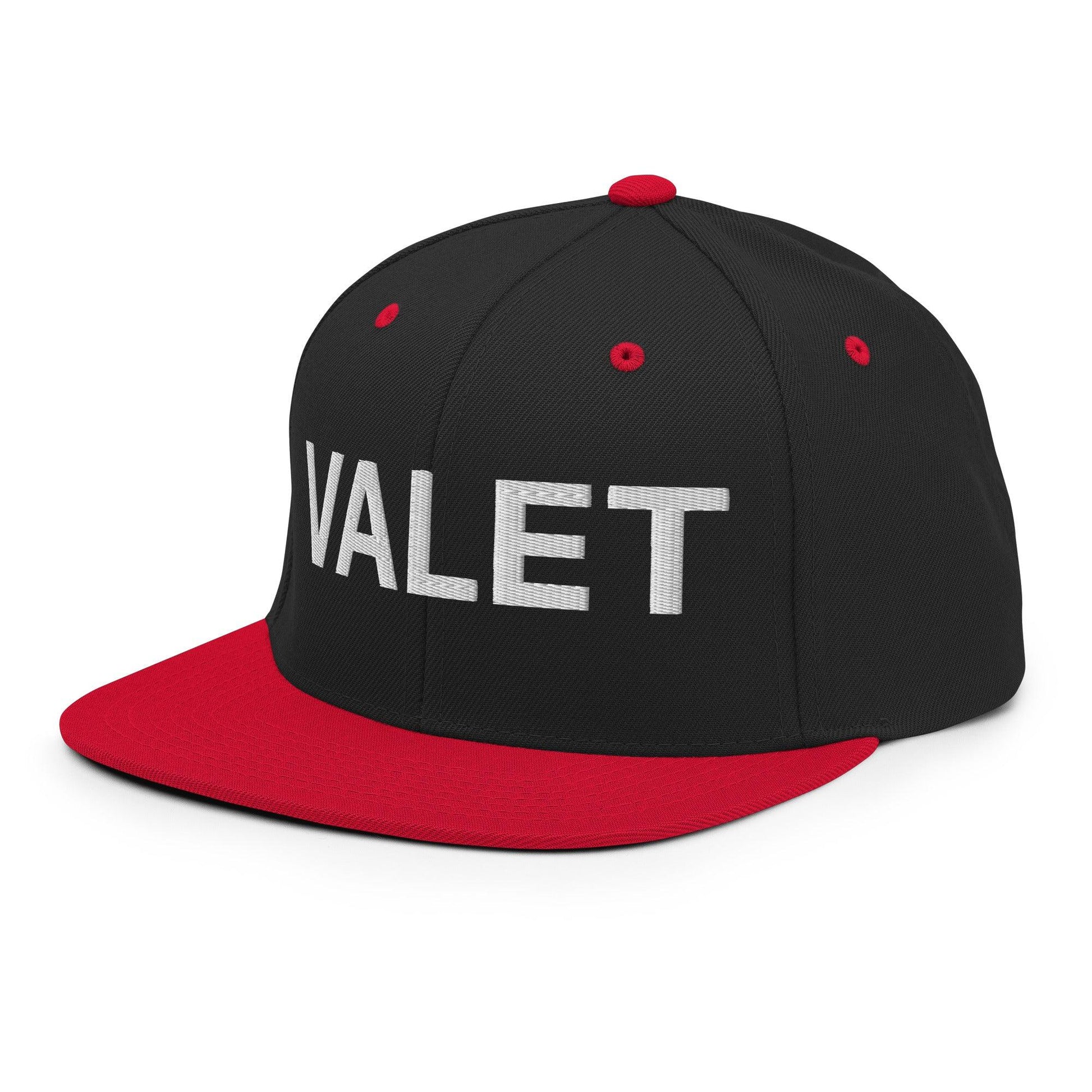 Black and red valet uniform work embroidered flat brim snapback hat for professionals