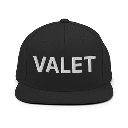 Black valet uniform work embroidered flat brim snapback hat with VALET text