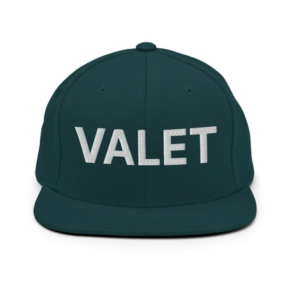 Green valet uniform work embroidered flat brim snapback hat with VALET text