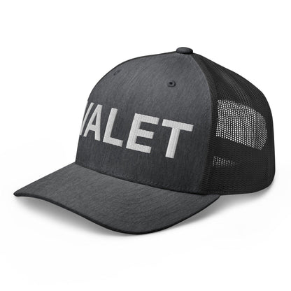 Gray and black embroidered mesh trucker hat with Valet Work Block branding