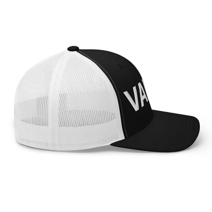 Black and white embroidered mesh trucker hat with Valet Work Block design