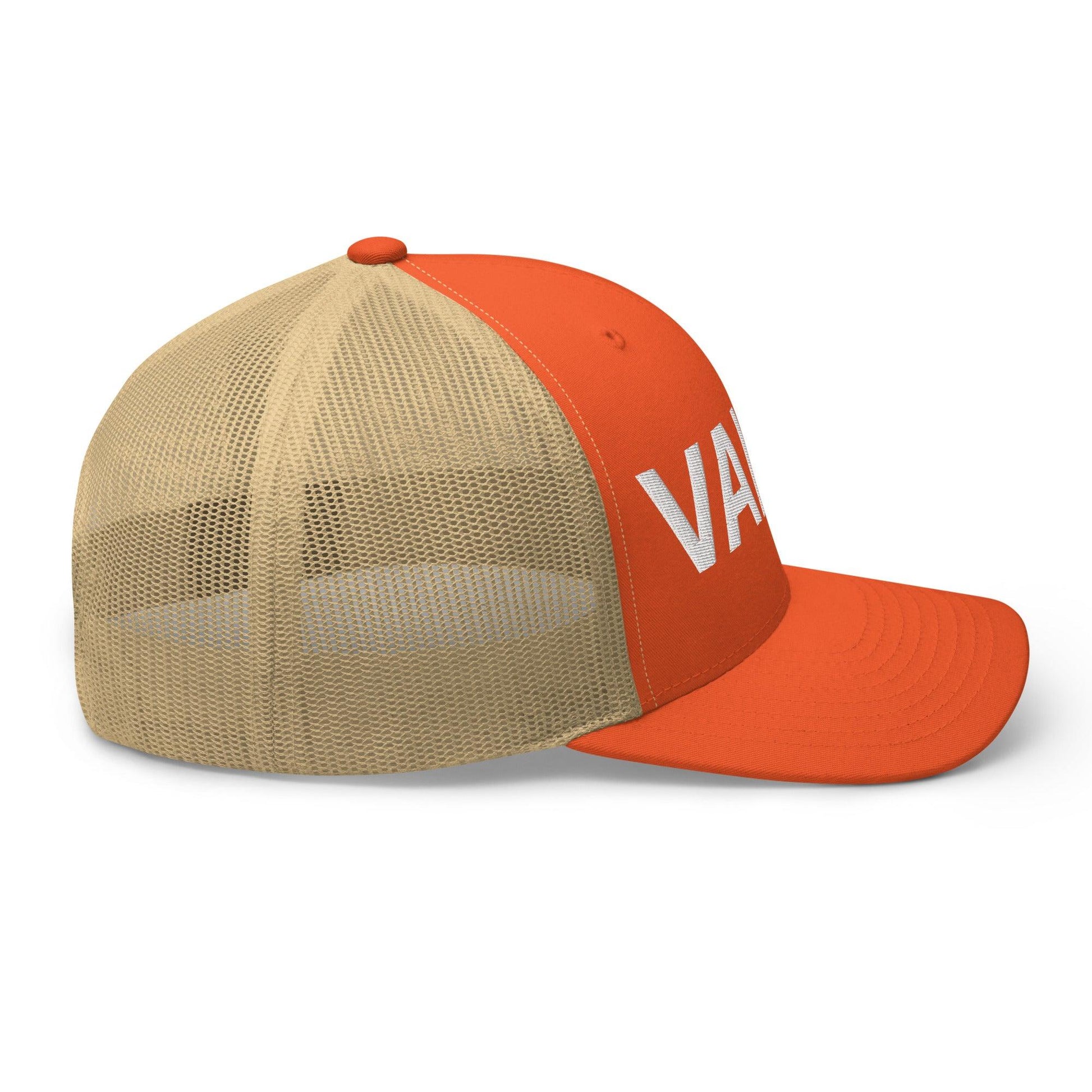Orange and tan embroidered mesh trucker hat with Valet Work Block logo