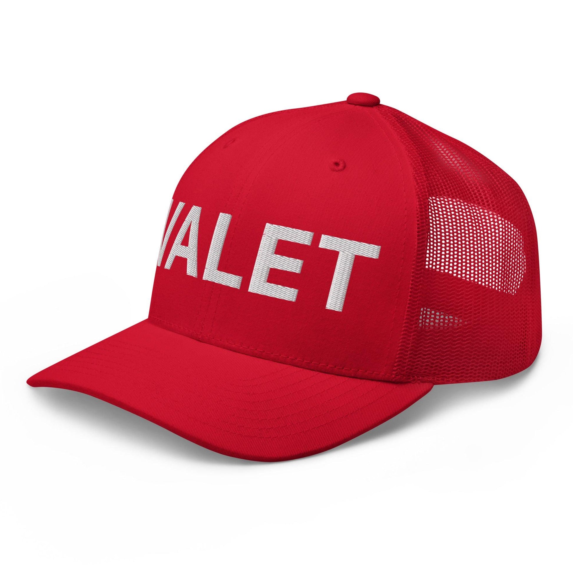 Red Valet Work Block embroidered mesh trucker hat featuring classic mesh trucker style