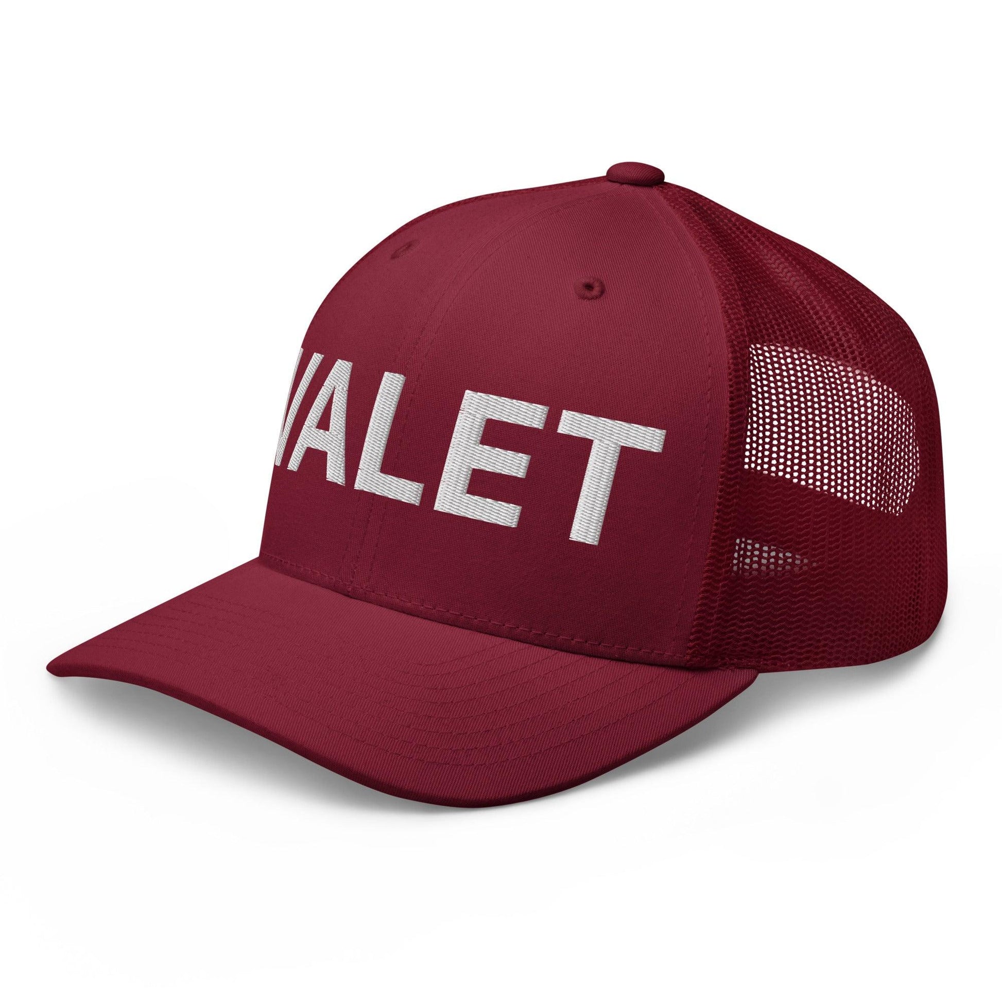 Maroon embroidered mesh trucker hat with Valet Work Block lettering