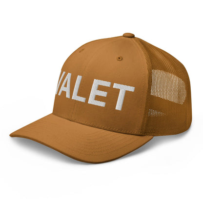 Brown embroidered mesh trucker hat with Valet Work Block embroidery for stylish protection