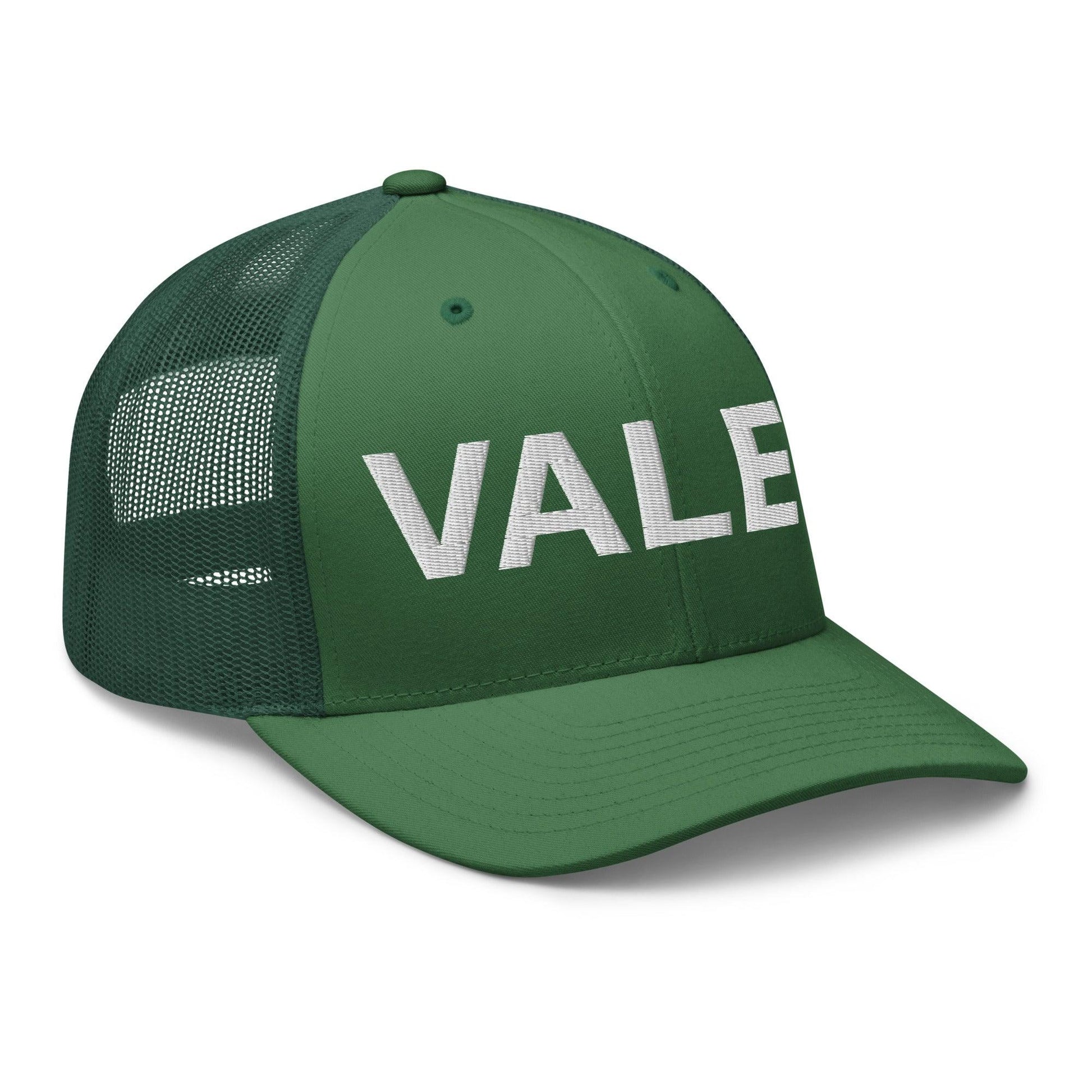 Green embroidered mesh trucker hat with Valet Work Block logo for casual style
