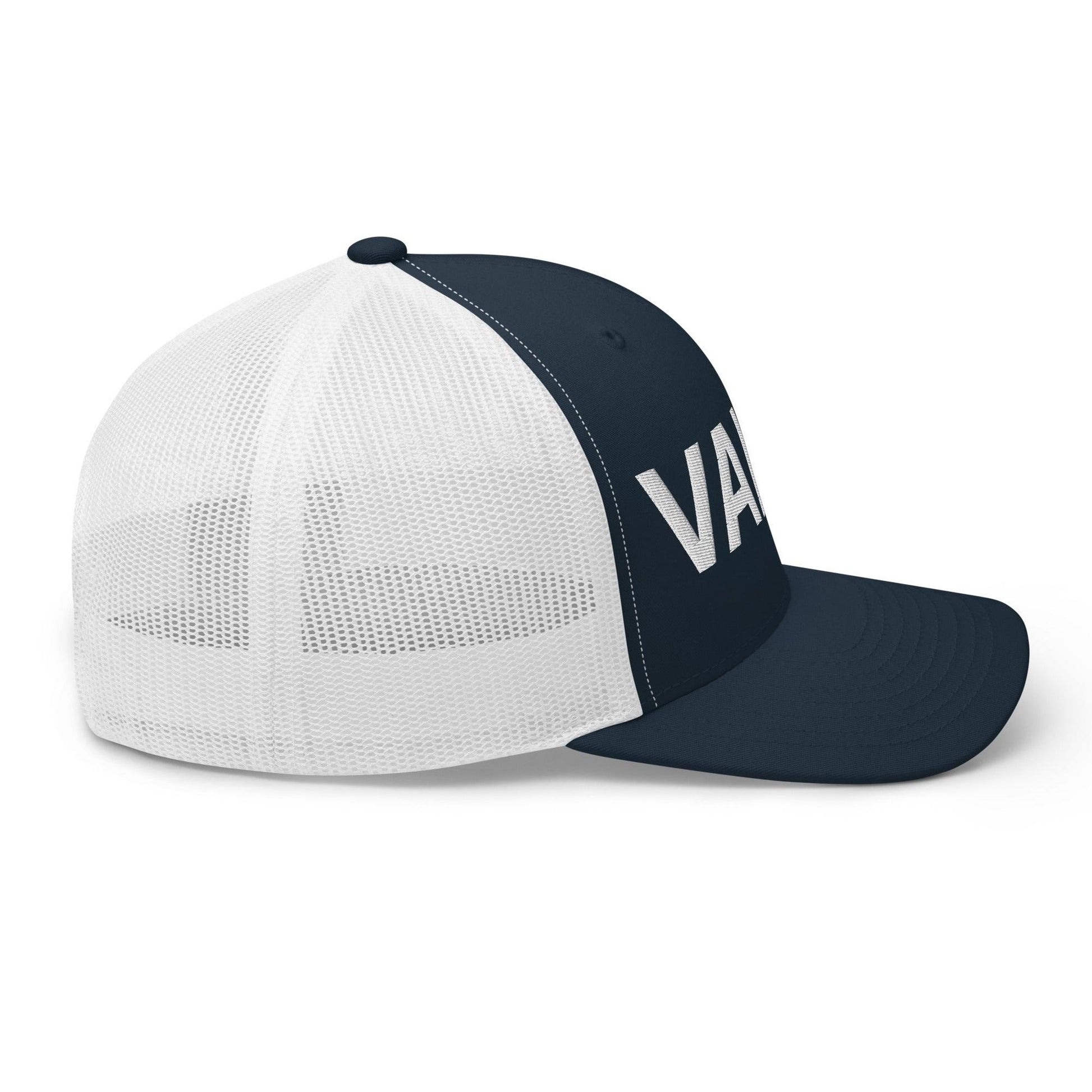 Navy and white embroidered mesh trucker hat with Valet Work Block logo