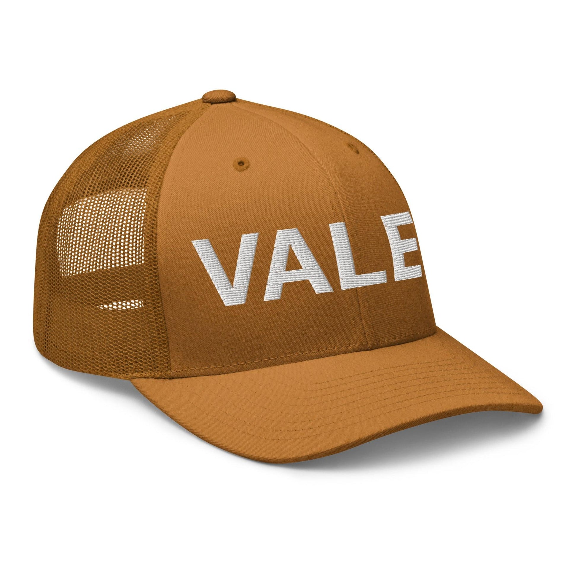 Brown embroidered mesh trucker hat with Valet Work Block lettering