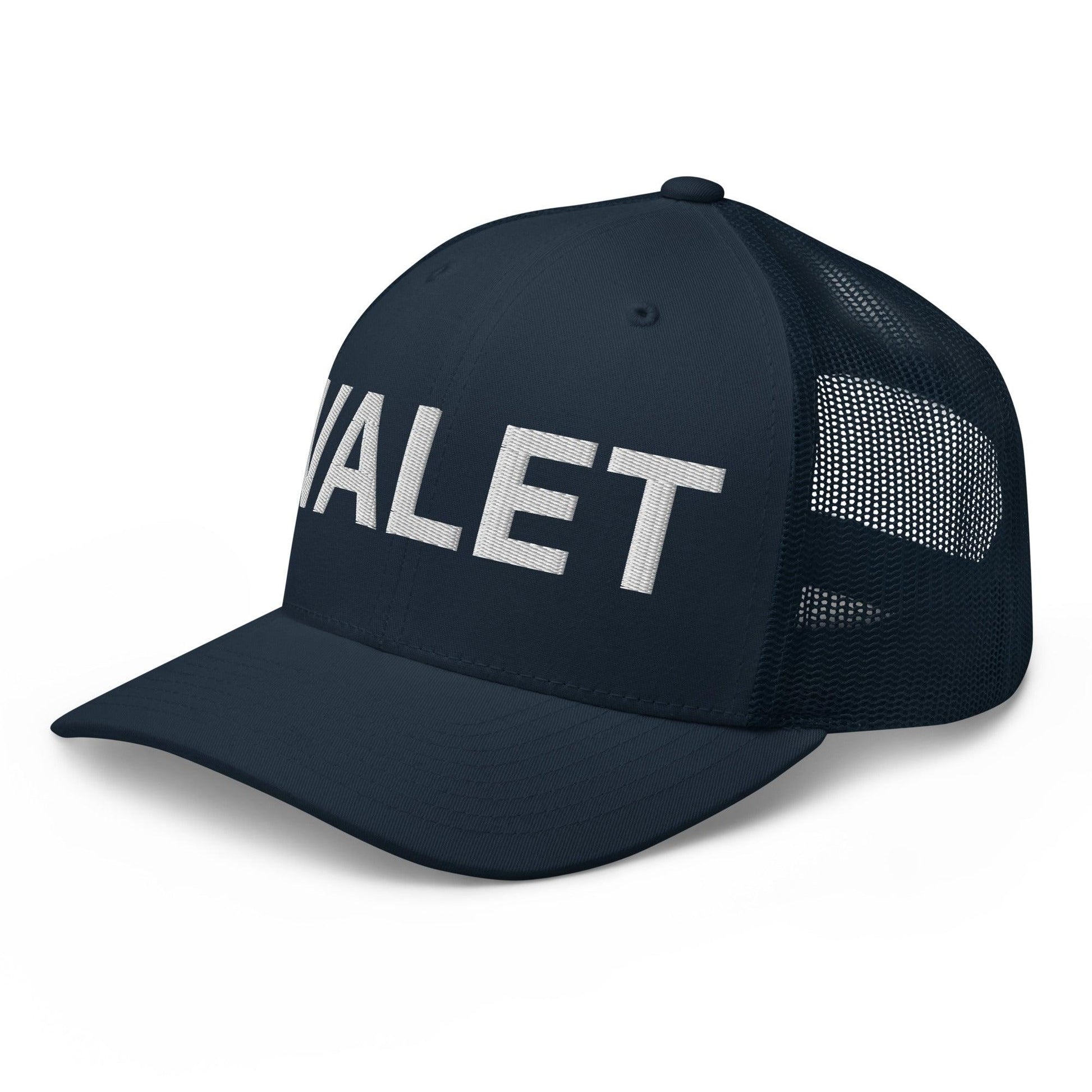 Navy blue embroidered mesh trucker hat with Valet Work Block logo, mesh trucker hat style