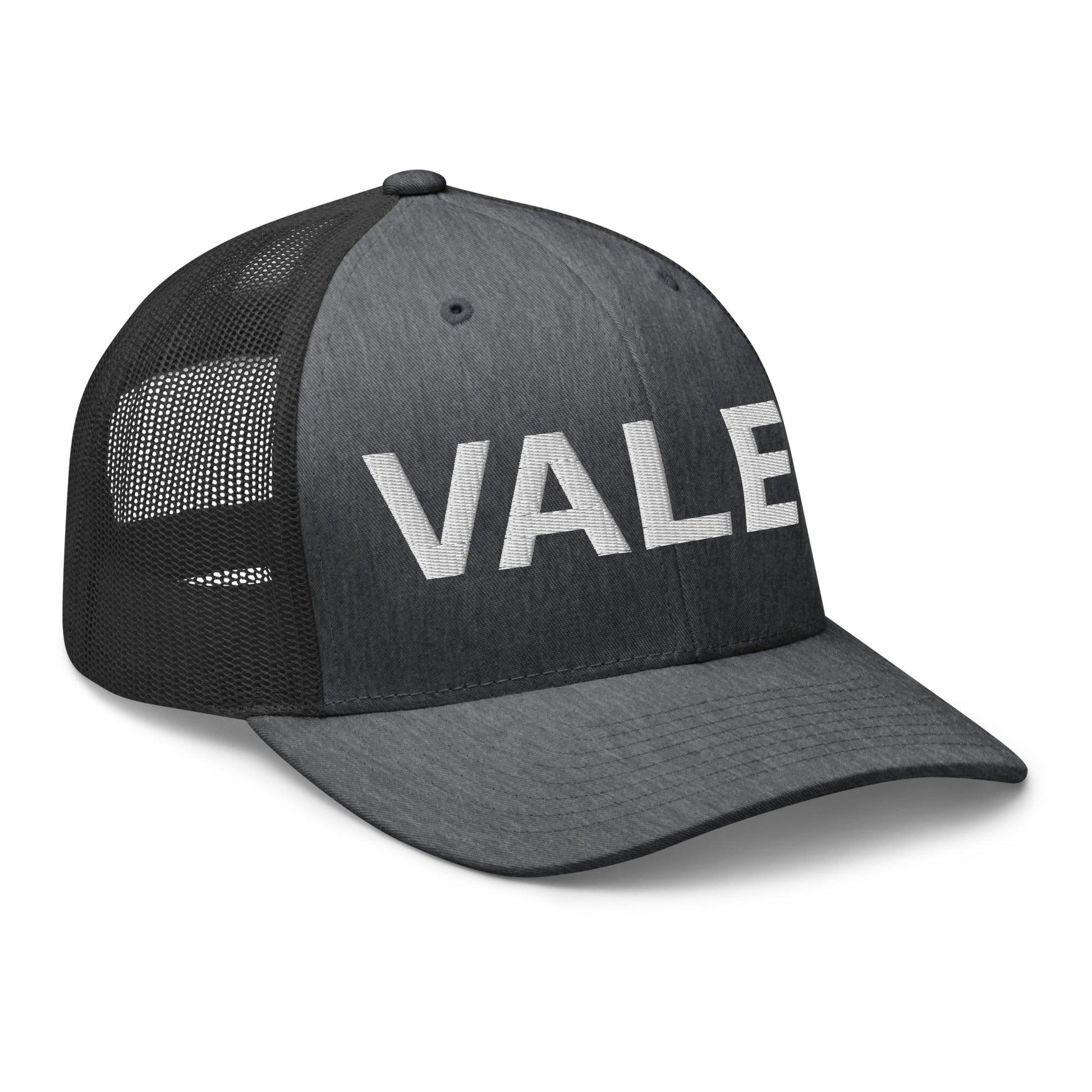 Gray embroidered mesh trucker hat with Valet Work Block lettering, mesh trucker cap