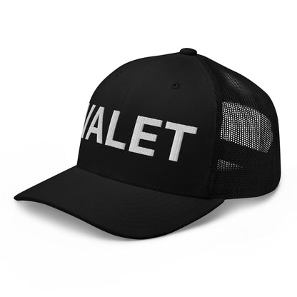 Black embroidered mesh trucker hat with Valet Work Block lettering for casual style