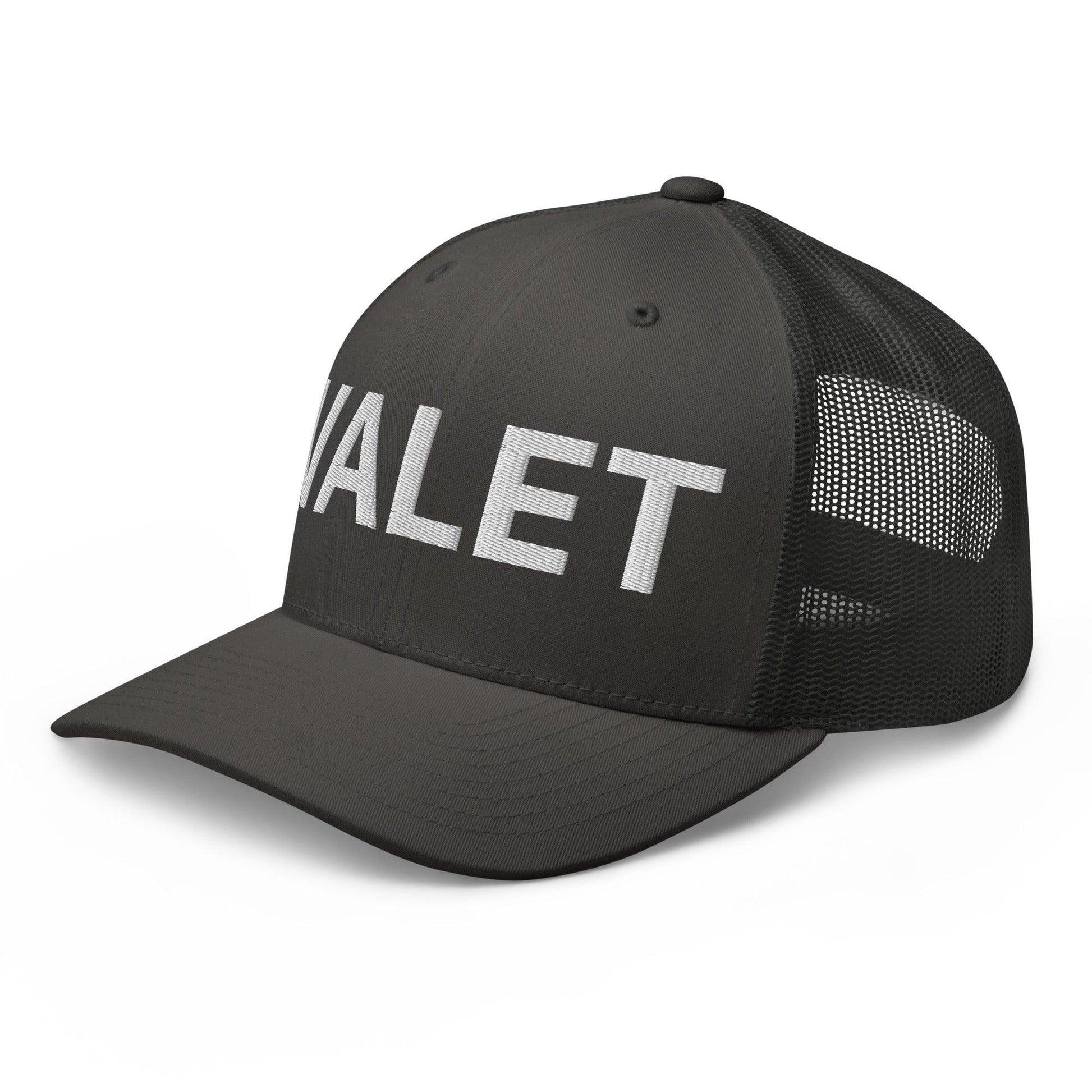 Gray embroidered mesh trucker hat with Valet Work Block embroidery