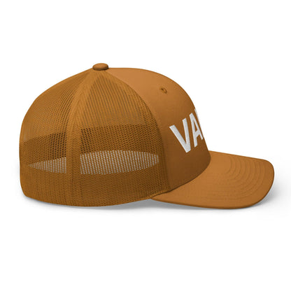 Brown embroidered mesh trucker hat with Valet Work Block embroidery