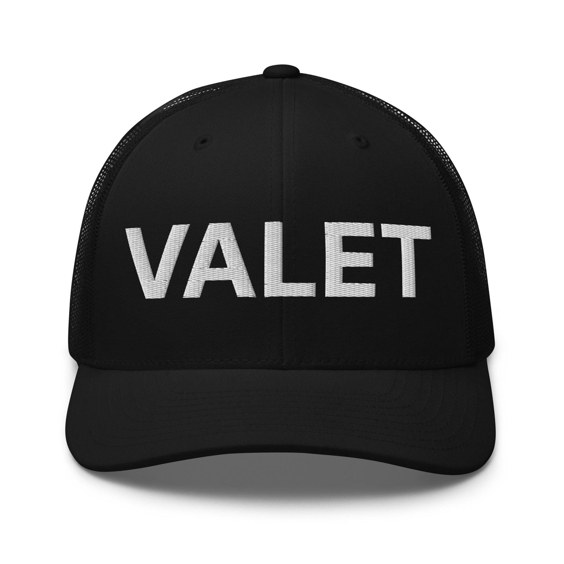 Black embroidered mesh trucker hat with Valet Work Block embroidery