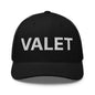 Black embroidered mesh trucker hat with Valet Work Block embroidery