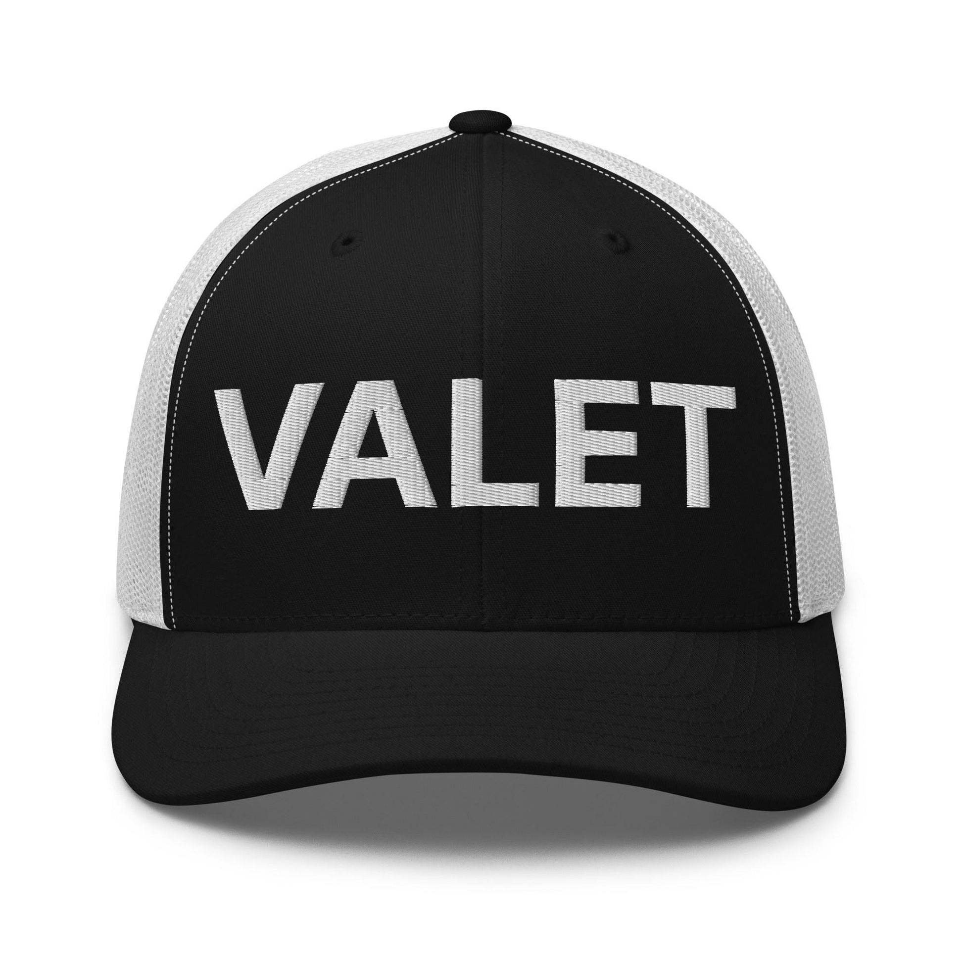 Black and white Valet Work Block embroidered mesh trucker hat for stylish casual wear