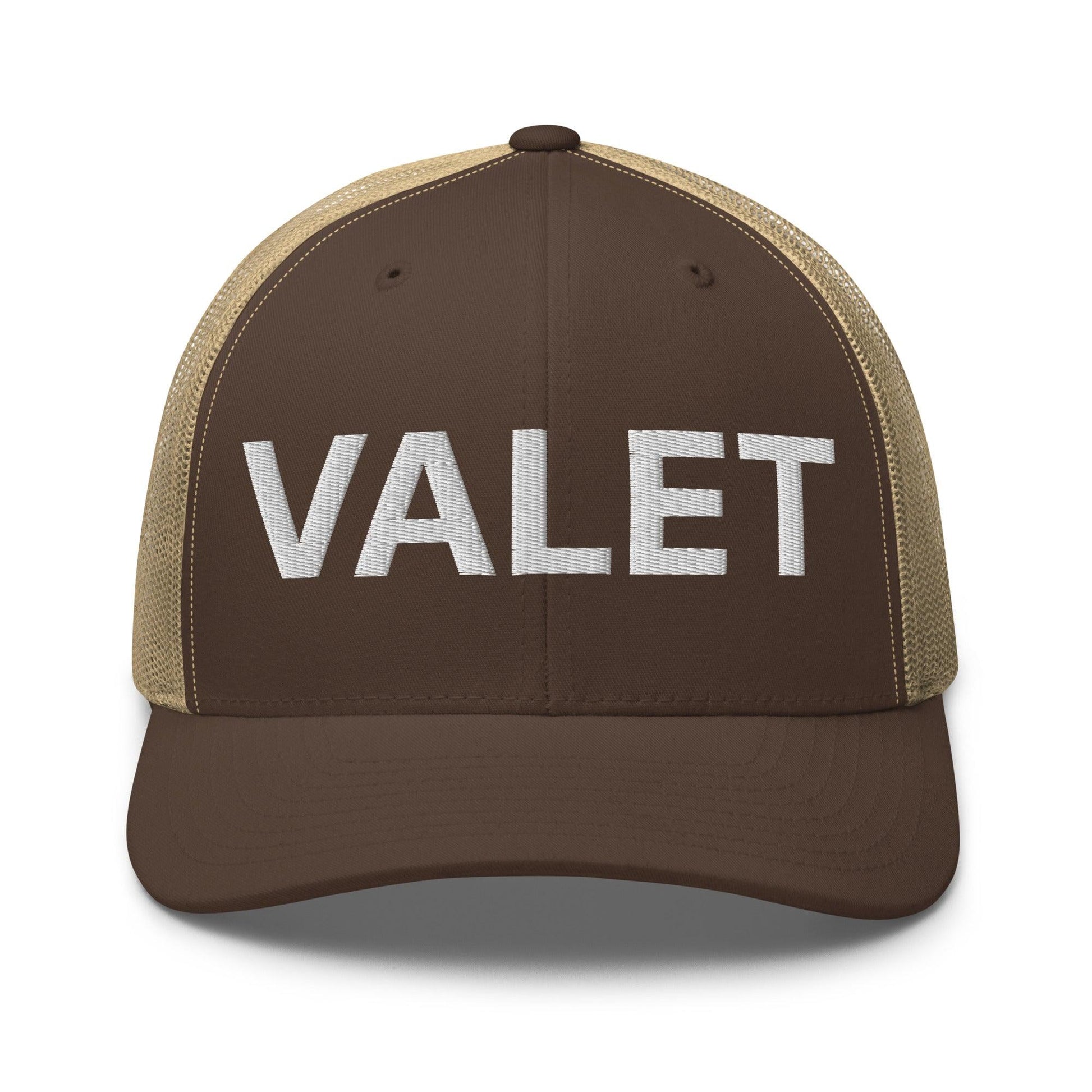 Brown and tan embroidered mesh trucker hat with Valet Work Block branding