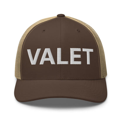 Brown and tan embroidered mesh trucker hat with Valet Work Block branding