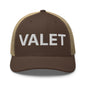 Brown and tan embroidered mesh trucker hat with Valet Work Block branding