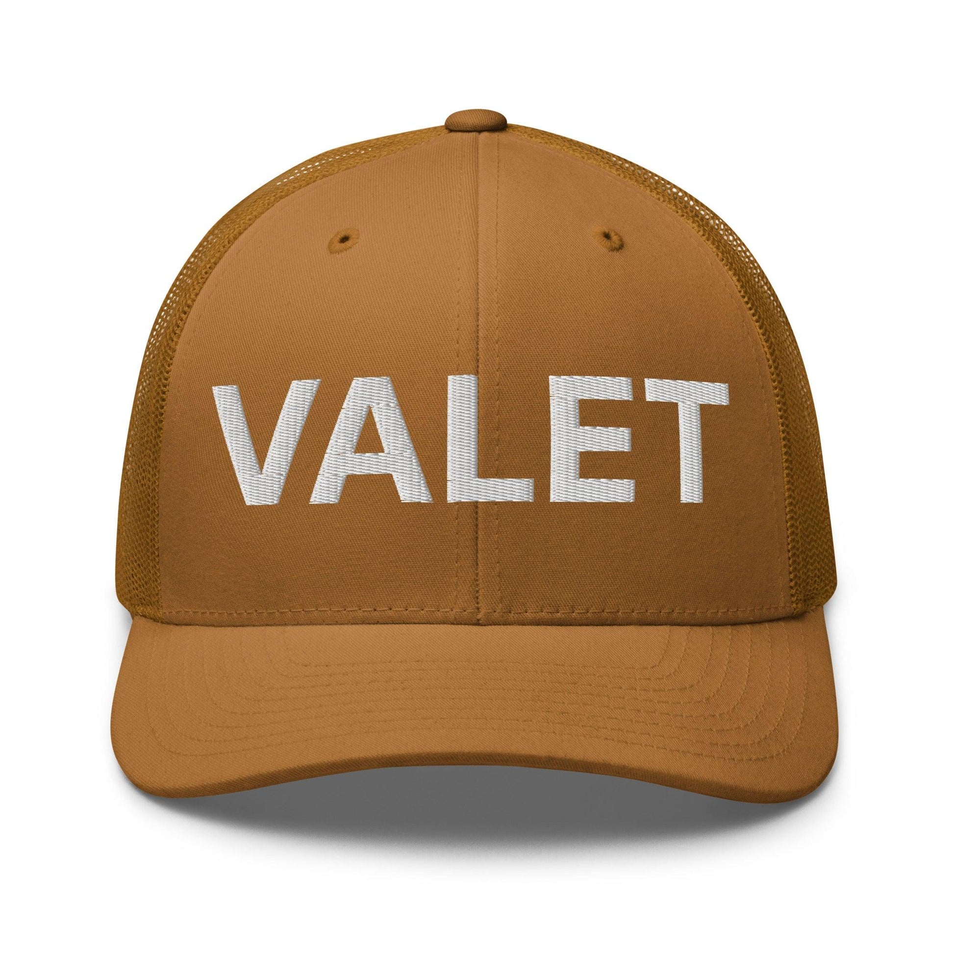 Brown embroidered mesh trucker hat with Valet Work Block logo displayed in front