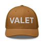 Brown embroidered mesh trucker hat with Valet Work Block logo displayed in front