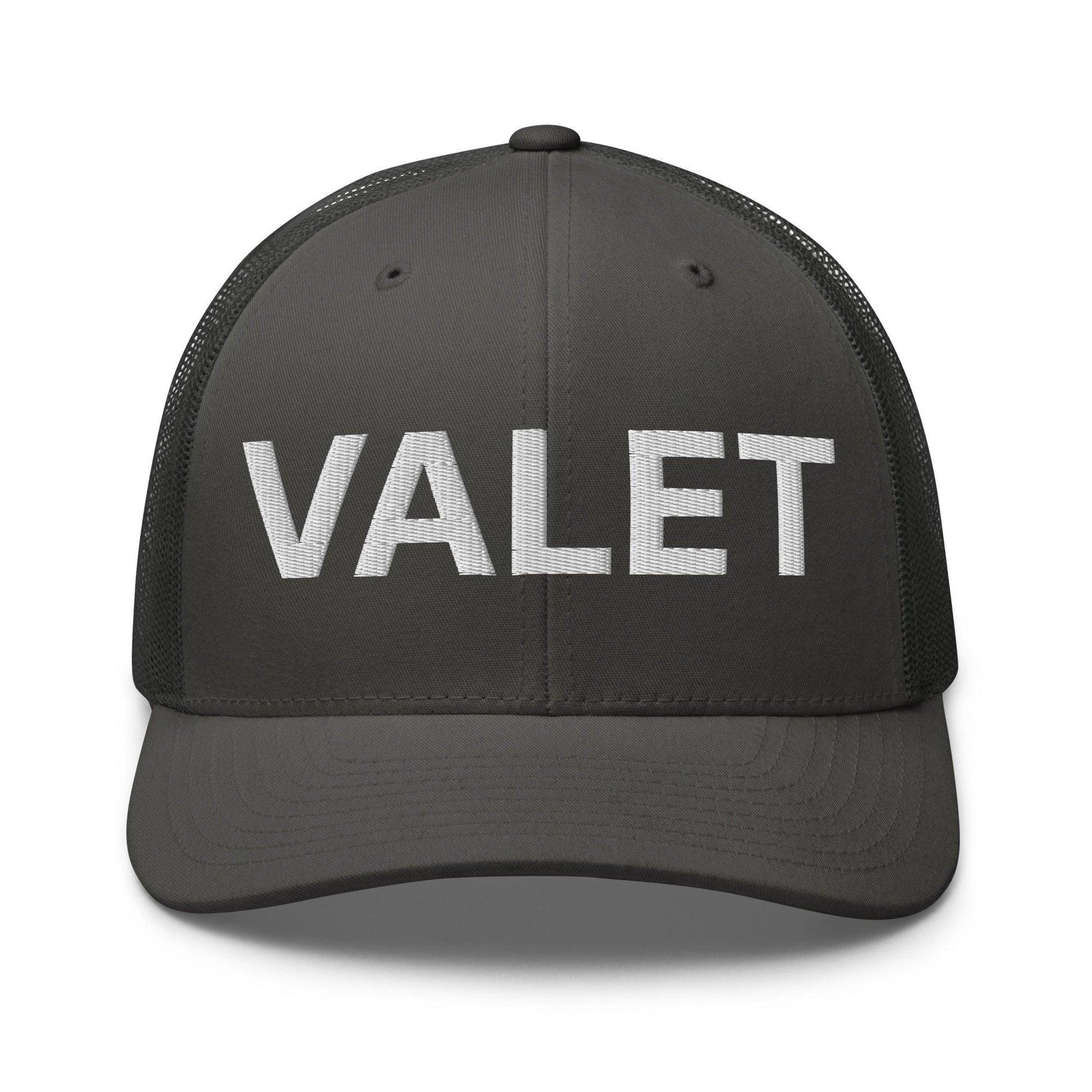 Gray embroidered mesh trucker hat with Valet Work Block logo