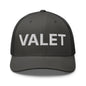 Gray embroidered mesh trucker hat with Valet Work Block logo