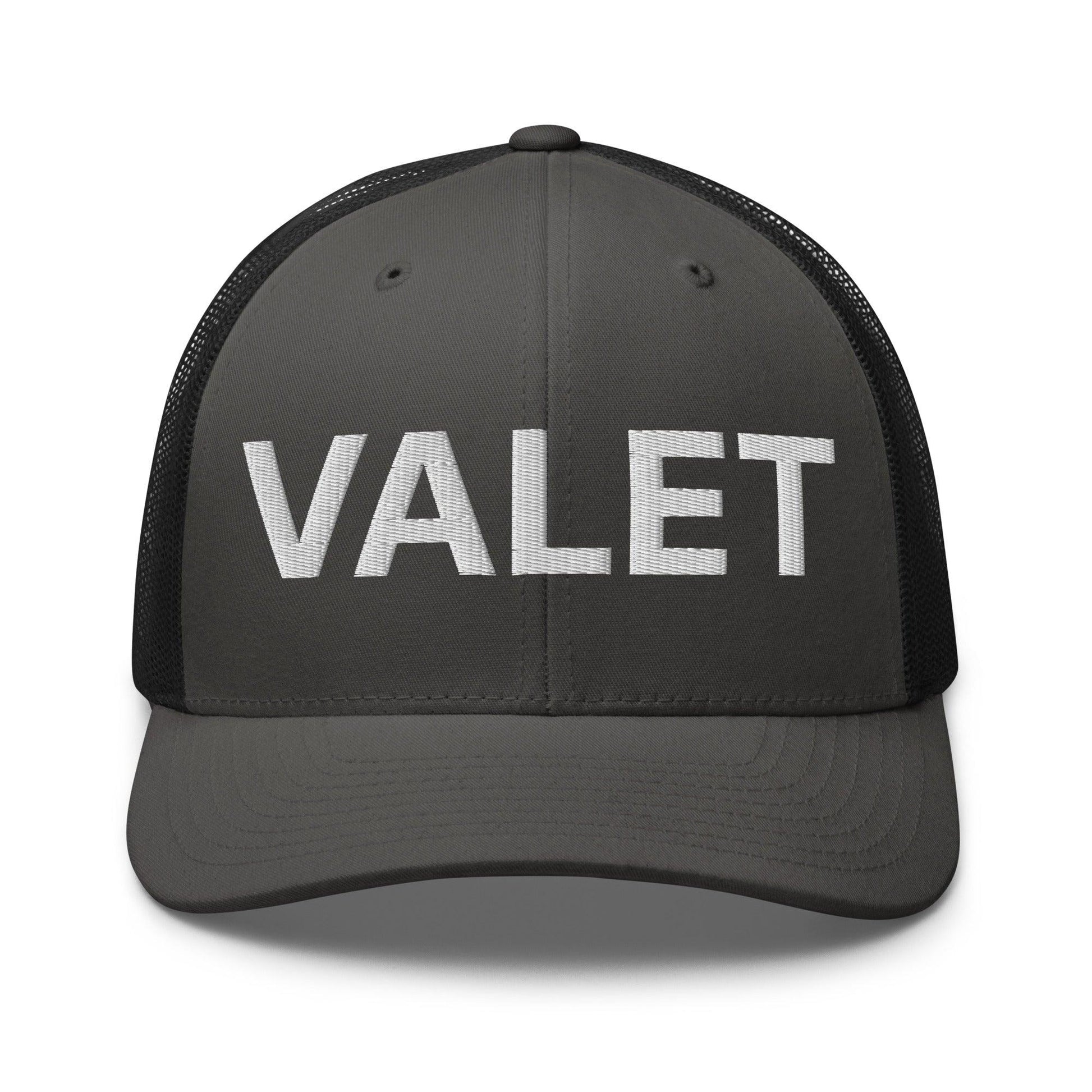 Gray embroidered mesh trucker hat with Valet Work Block design