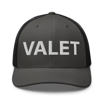 Gray embroidered mesh trucker hat with Valet Work Block design