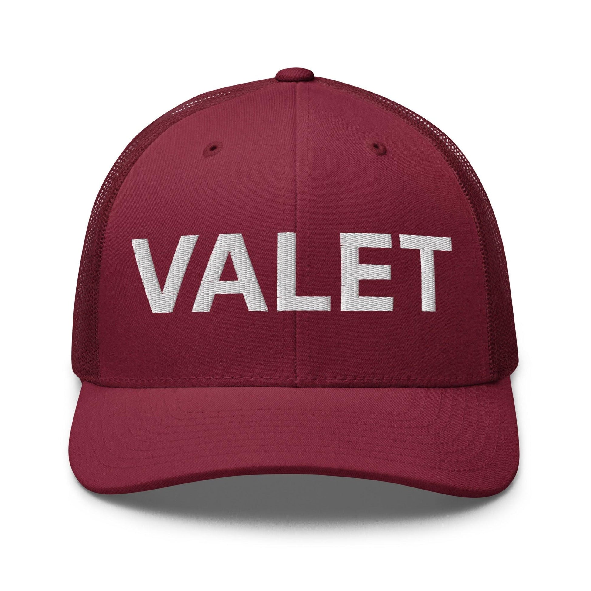 Maroon Valet Work Block embroidered mesh trucker hat featuring a comfortable mesh trucker design