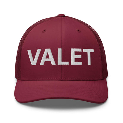 Maroon Valet Work Block embroidered mesh trucker hat featuring a comfortable mesh trucker design