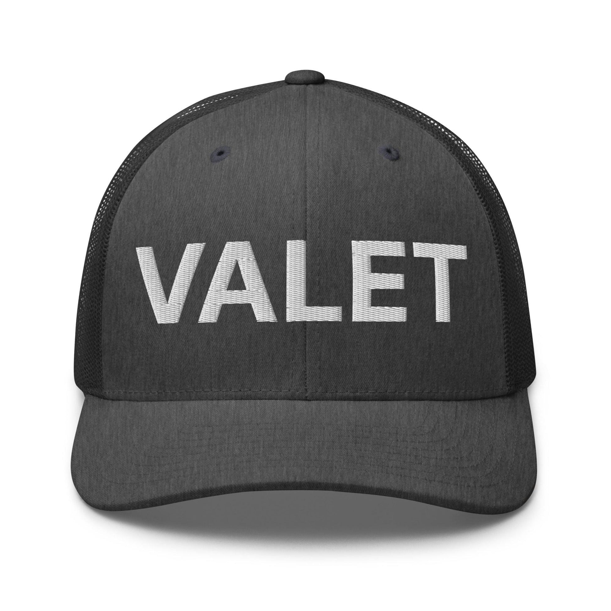 Gray embroidered mesh trucker hat with Valet Work Block embroidery