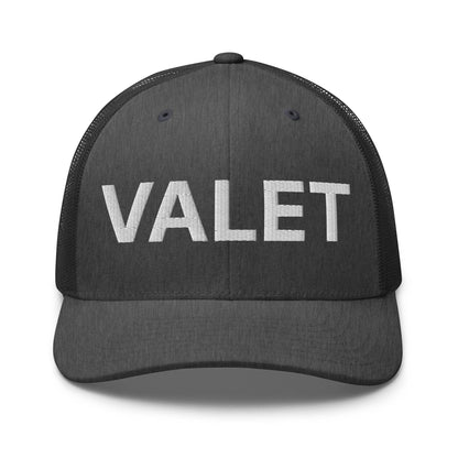 Gray embroidered mesh trucker hat with Valet Work Block embroidery