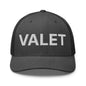 Gray embroidered mesh trucker hat with Valet Work Block embroidery