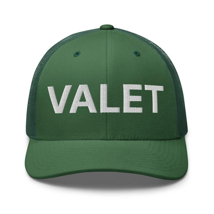 Green Valet Work Block embroidered mesh trucker hat displayed in a stylish mesh trucker hat