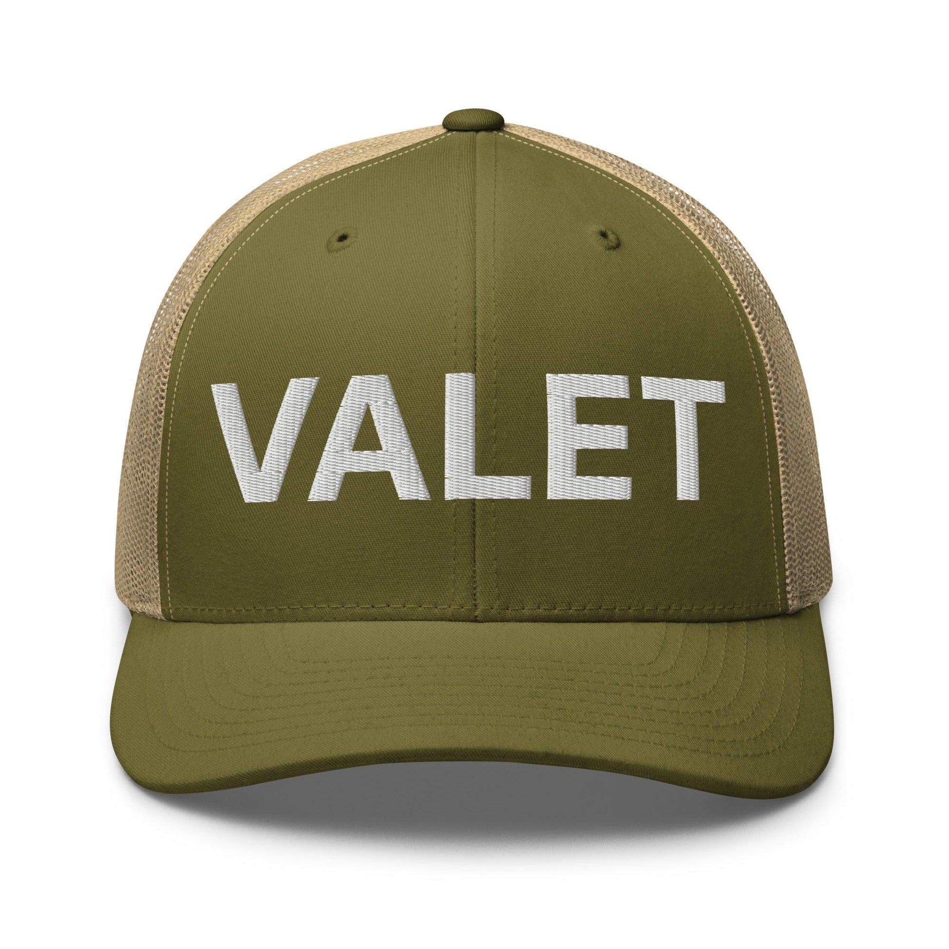 Olive green Valet Work Block embroidered mesh trucker hat displaying mesh trucker style