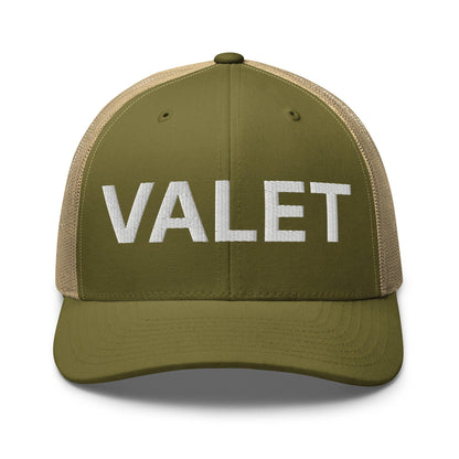 Olive green Valet Work Block embroidered mesh trucker hat displaying mesh trucker style