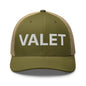 Olive green Valet Work Block embroidered mesh trucker hat displaying mesh trucker style