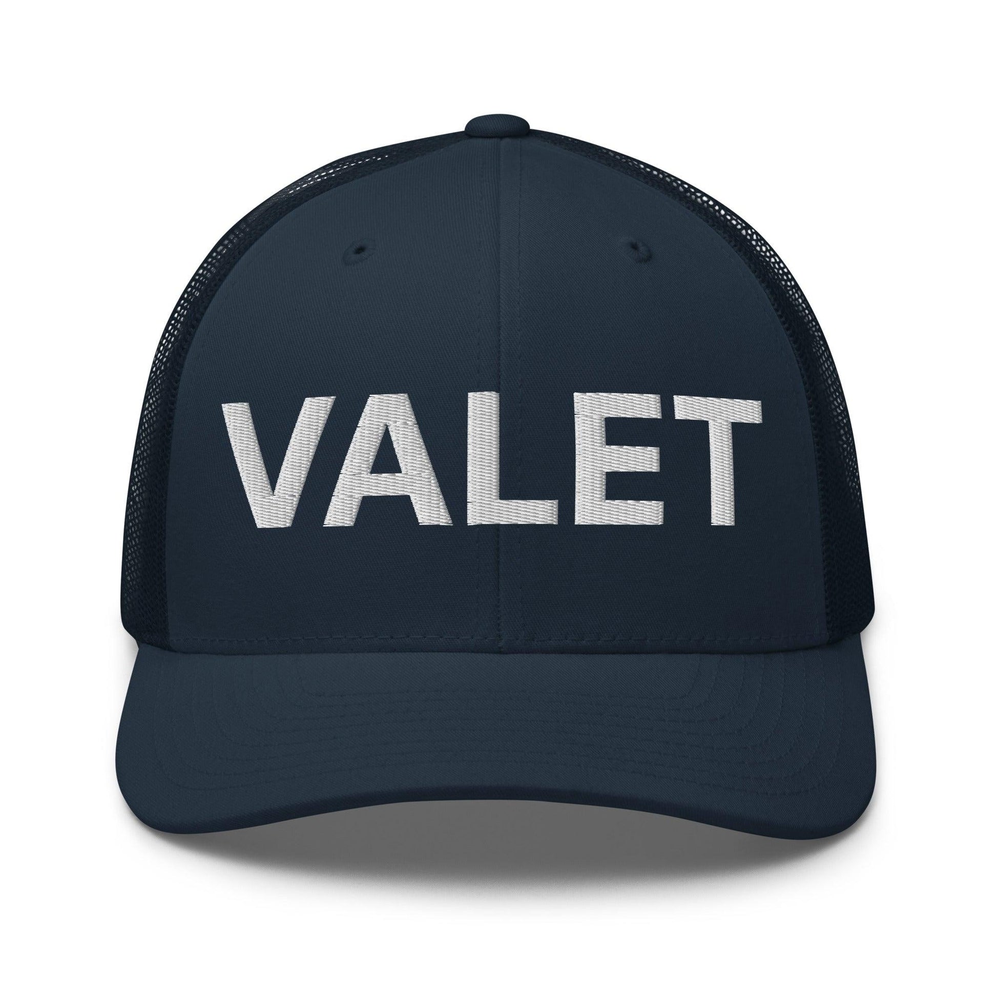 Navy Blue Valet Work Block Embroidered Mesh Trucker Hat Featuring Mesh Trucker Design