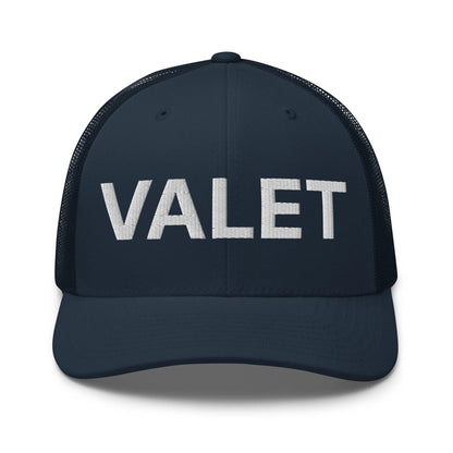 Navy Blue Valet Work Block Embroidered Mesh Trucker Hat Featuring Mesh Trucker Design