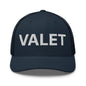 Navy Blue Valet Work Block Embroidered Mesh Trucker Hat Featuring Mesh Trucker Design