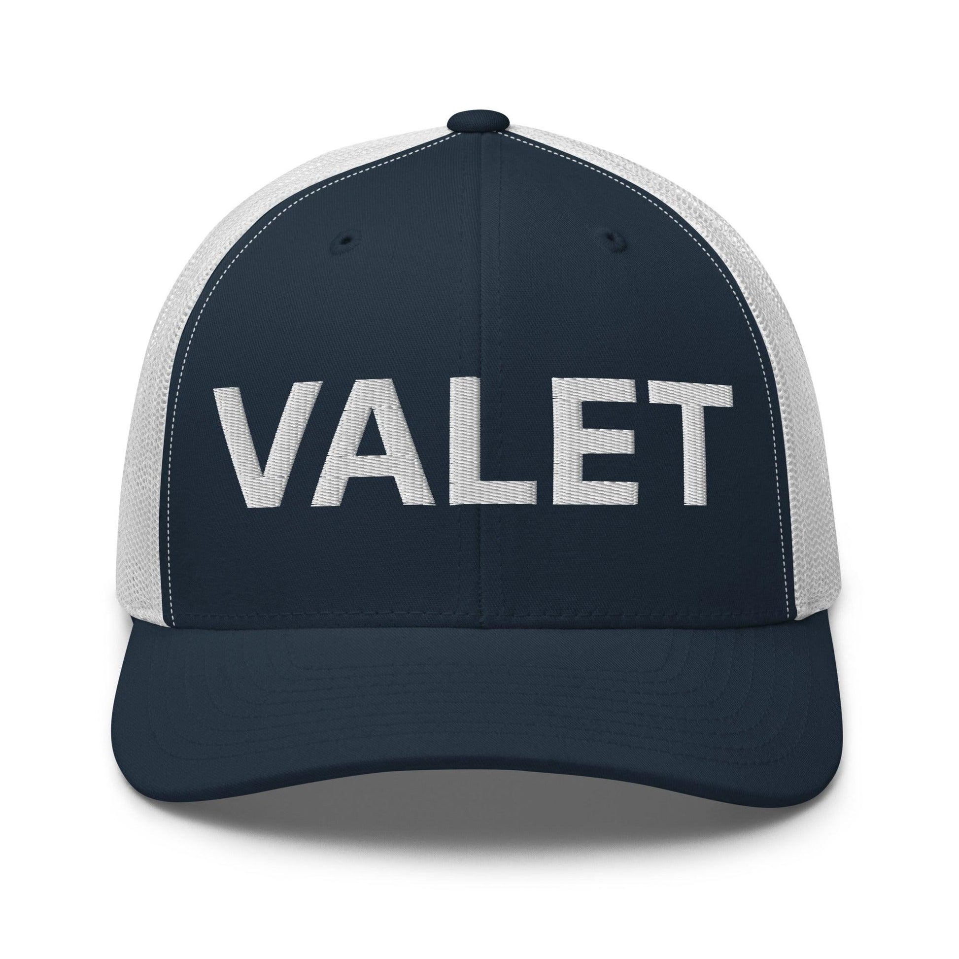 Navy and white Valet Work Block embroidered mesh trucker hat with stylish mesh trucker design
