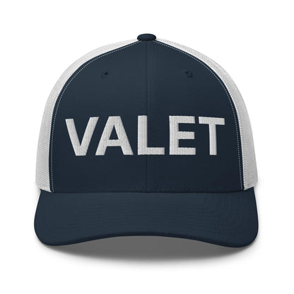 Navy and white Valet Work Block embroidered mesh trucker hat with stylish mesh trucker design