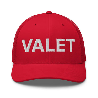 Red Valet Work Block embroidered mesh trucker hat with breathable mesh trucker design